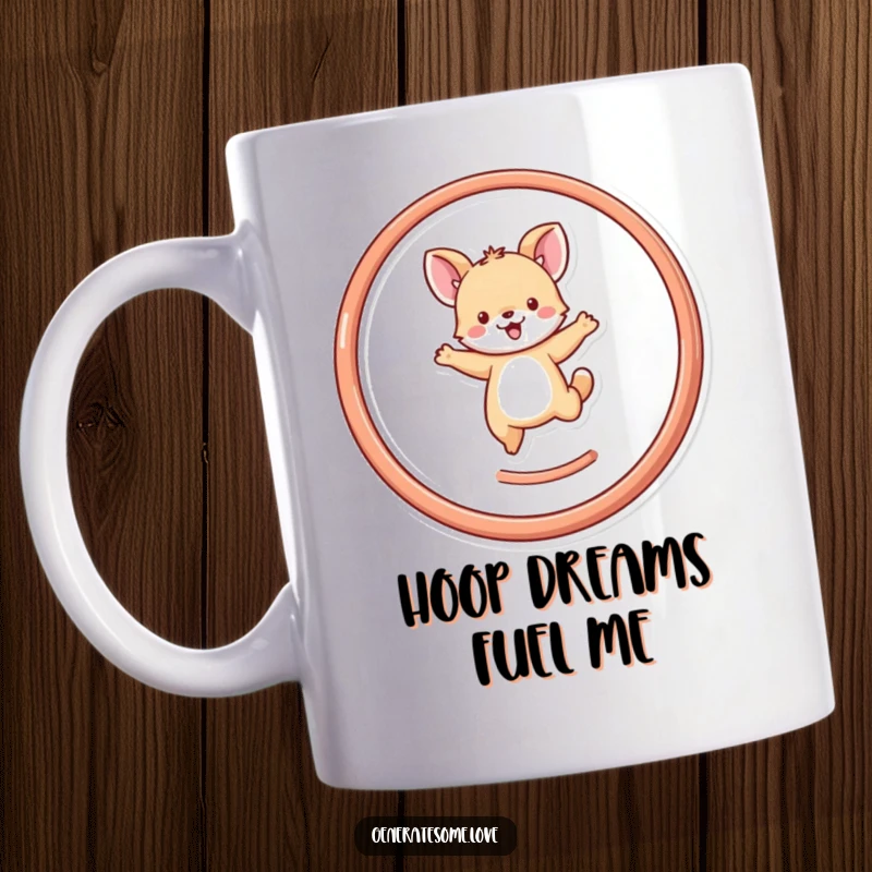 Funny tiny animal character joyfully leaping through a red heart-shaped hoop, on a ceramic mug, celebrating pure happiness.