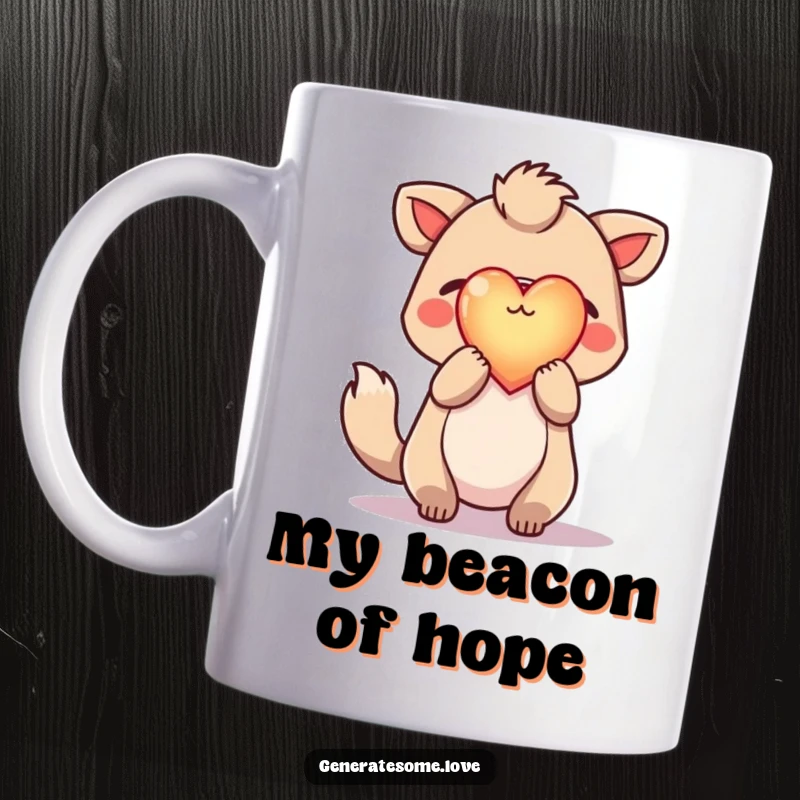 Funny mug featuring a hopeful animal character holding a radiant, glowing heart aloft, symbolizing love, positivity, and aspiration.