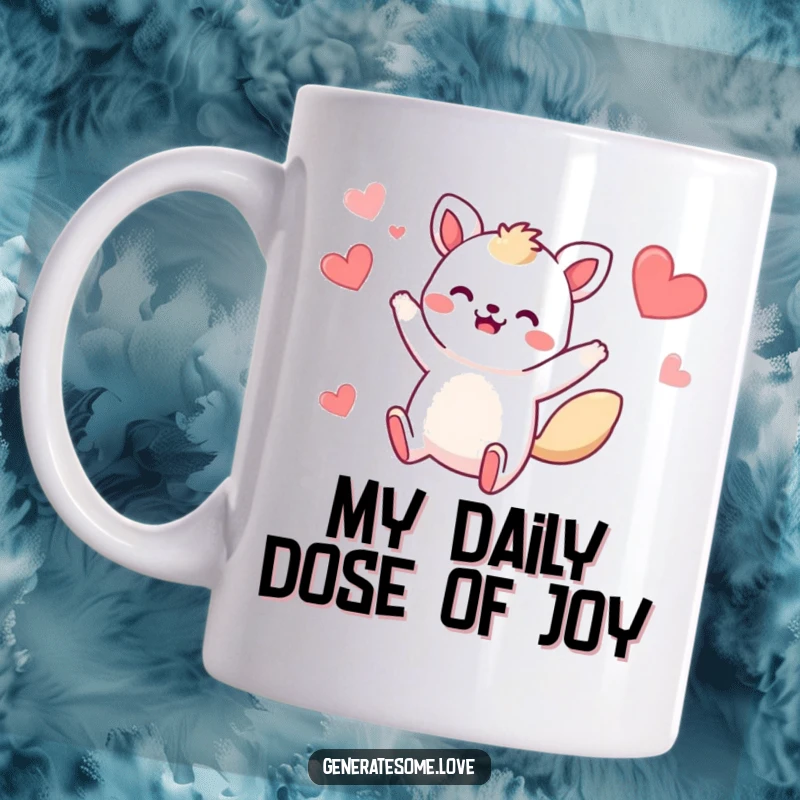Funny mug with a whimsical animal character doing a bouncy jump, surrounded by floating hearts, expressing pure joy and playful energy.