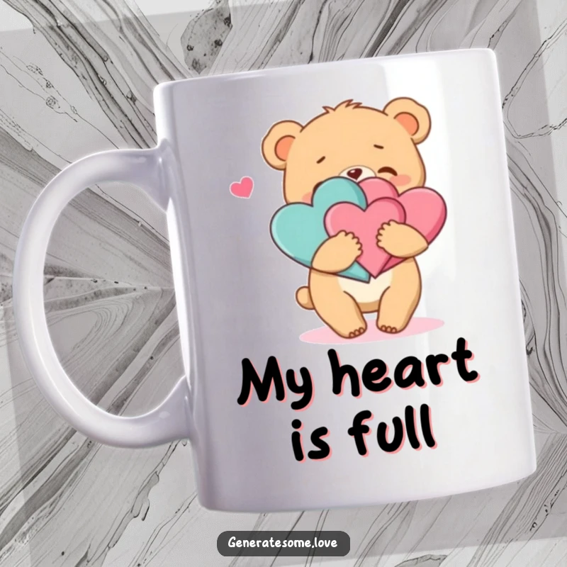 Funny mug featuring a cute bear cub character giving a big, enthusiastic hug to two intertwined red and pink hearts.