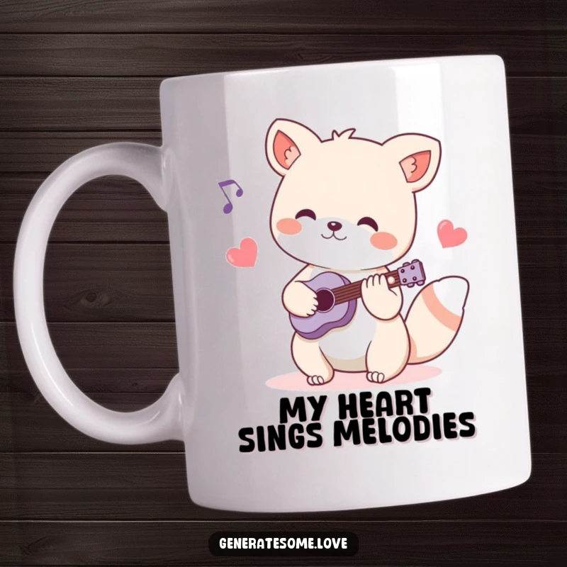 Funny mug featuring a charming animal character playing music, with heart-shaped notes floating around, creating a joyful and melodic scene.