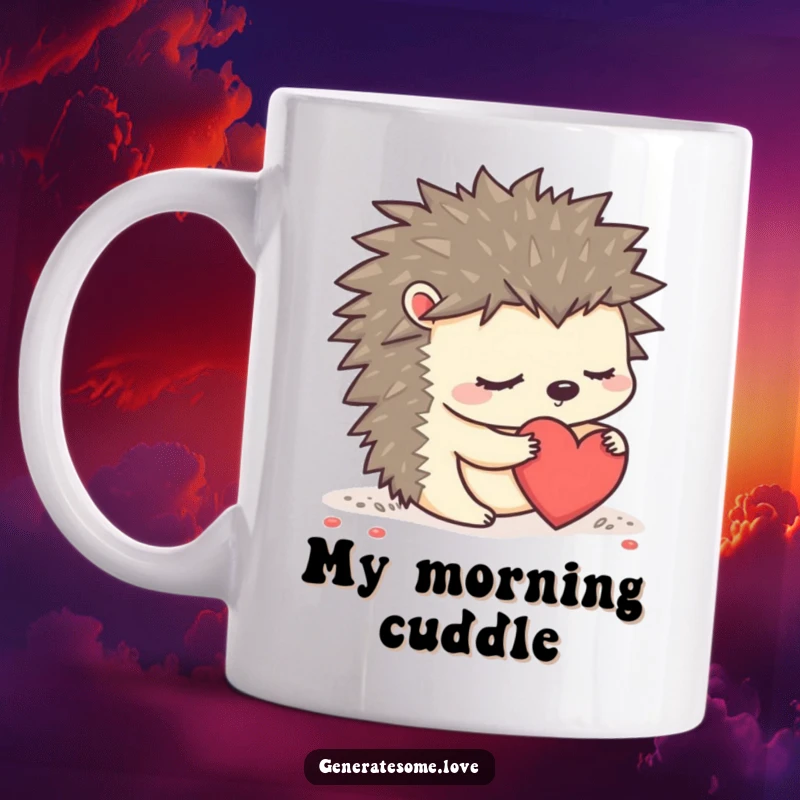 Funny sleepy hedgehog character adorably rolling a red heart on a mug, conveying love and comfort.