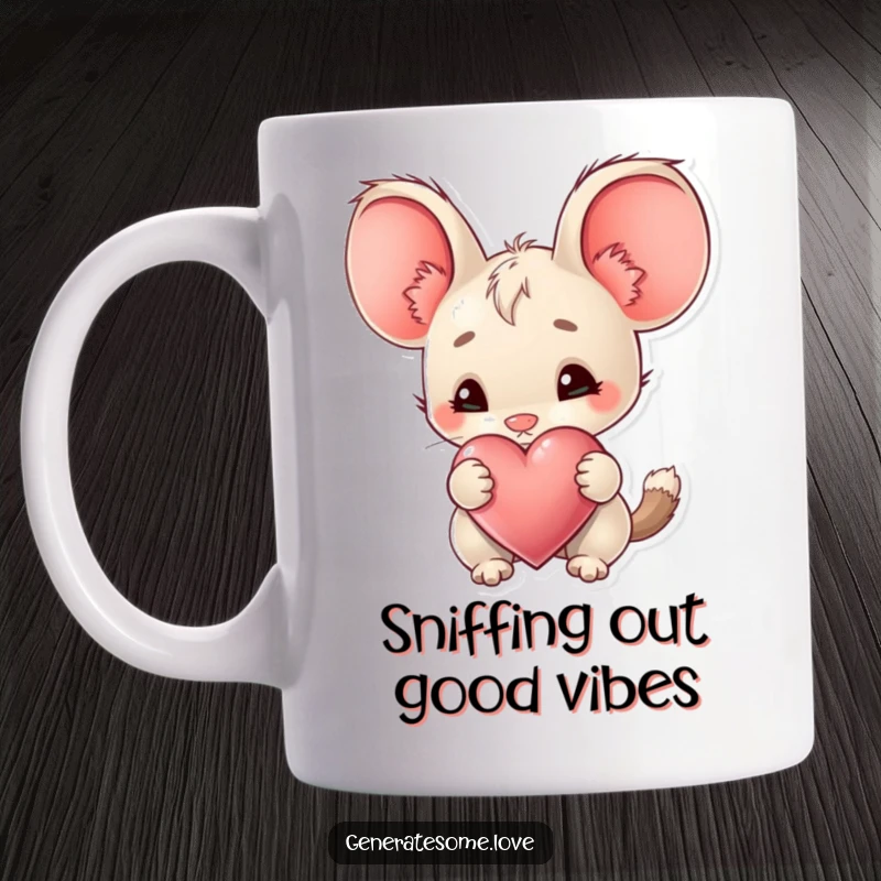 Funny Mug featuring a creature with large ears curiously sniffing a heart, symbolizing gentle curiosity and affection.