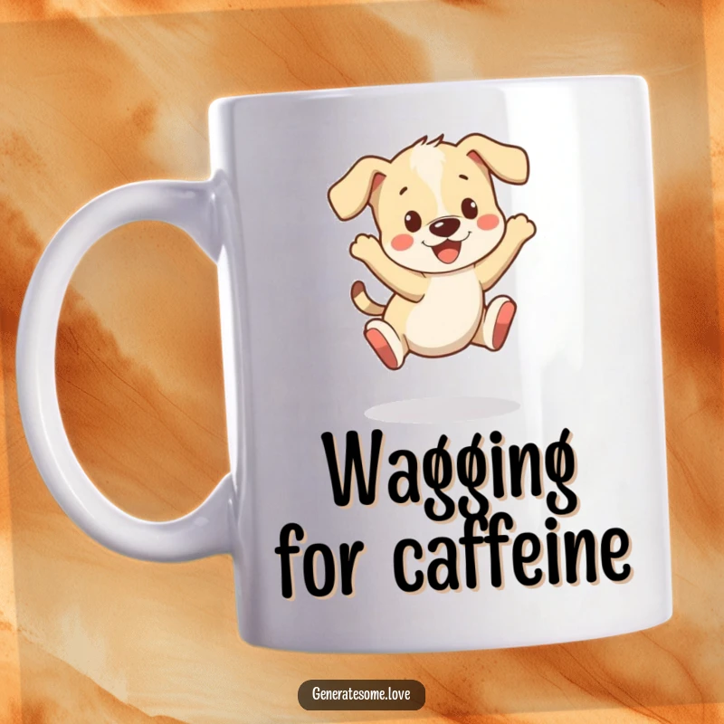 Funny mug featuring a playful puppy character bouncing happily with its tail wagging vigorously.