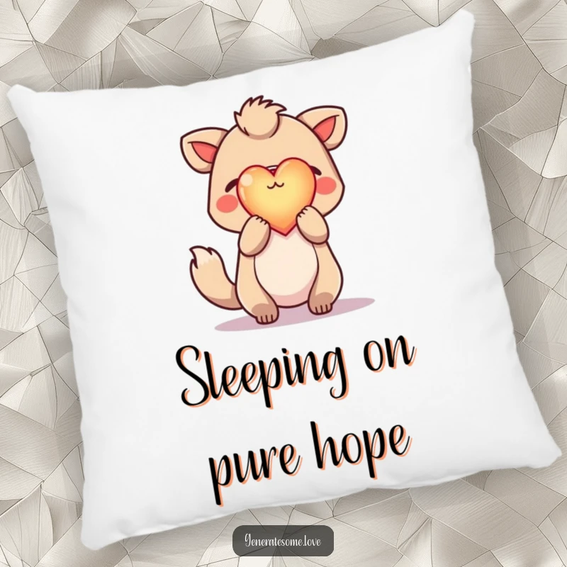 Funny pillow featuring a hopeful animal character holding a luminous, glowing heart aloft, offering soft comfort and a symbol of hope.