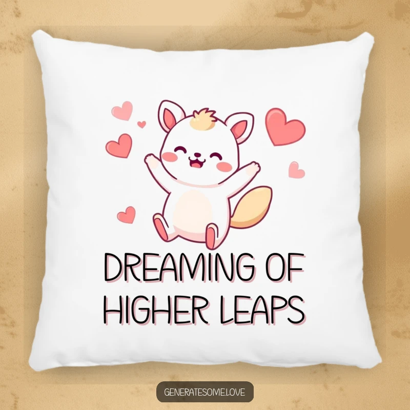 Funny pillow with a whimsical animal character performing a bouncy jump, adorned with surrounding hearts, offering comfort and comedic charm.