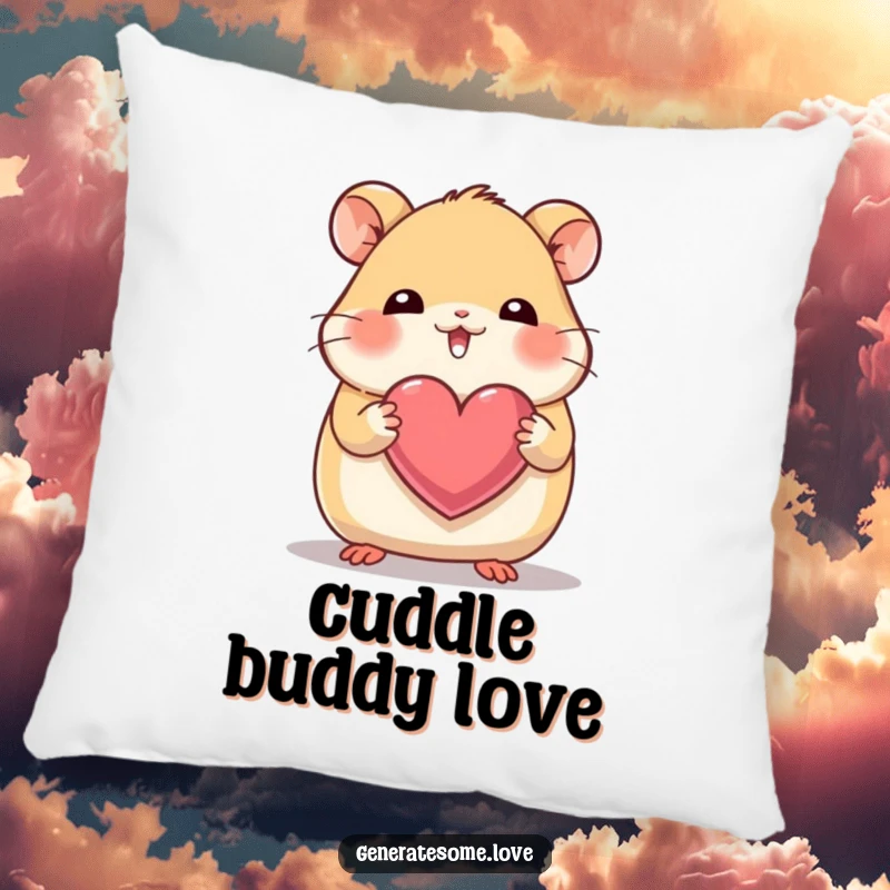 Funny plush pillow with a giggling hamster character holding a heart with its tiny paws, adding sweet charm.