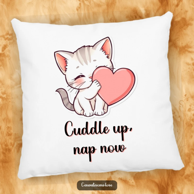 Funny kitten pillow nuzzling a heart, perfect for cuddling and adding charm, a lovely gift.