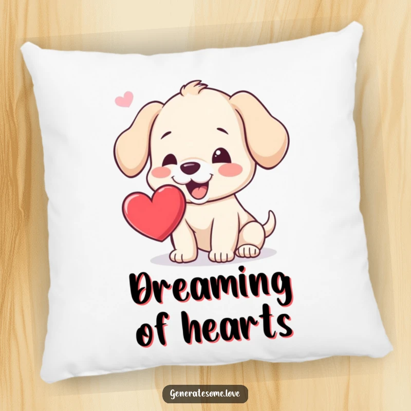 Funny pillow featuring an adorable puppy reaching with its mouth for a floating heart, offering soft comfort and a humorous touch.