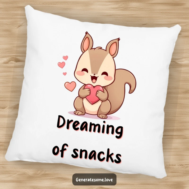 Funny pillow with a kawaii squirrel happily chattering while holding a heart-shaped treat, offering comfort and a symbol of cute, playful happiness.