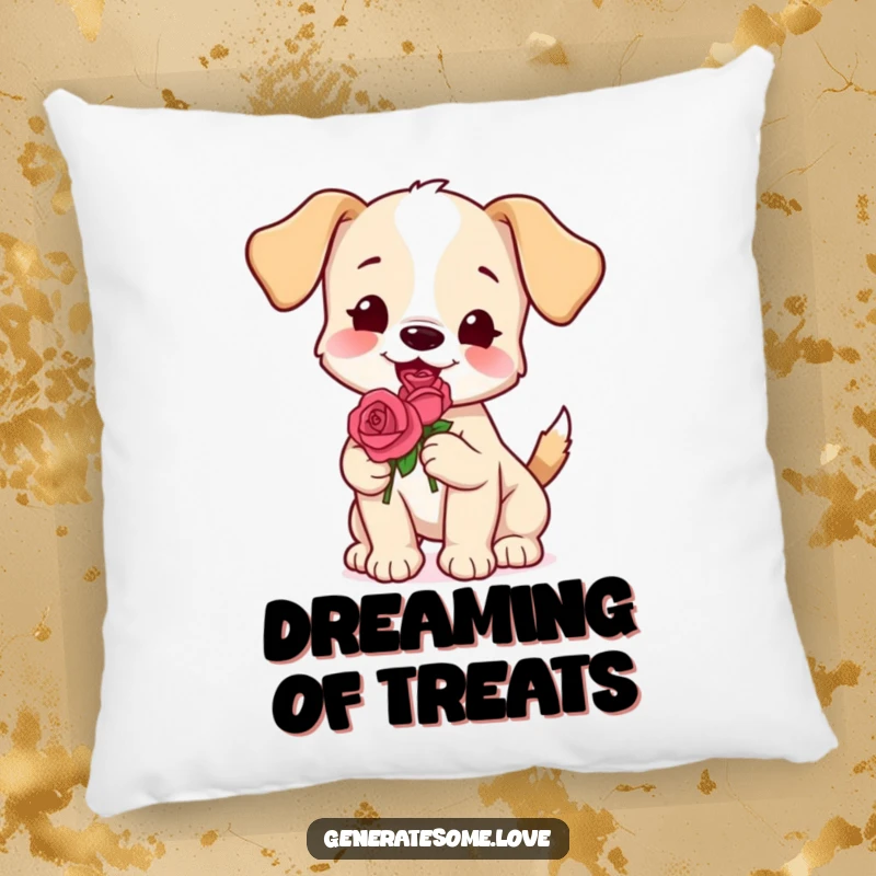 Funny puppy pillow wagging its tail and holding a rose, perfect for cuddling and adding charm, a lovely gift.