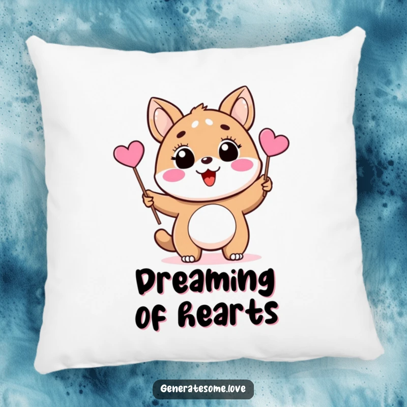 Funny pillow featuring a delighted animal character waving a small pink heart flag, offering comfort and a touch of loving charm.