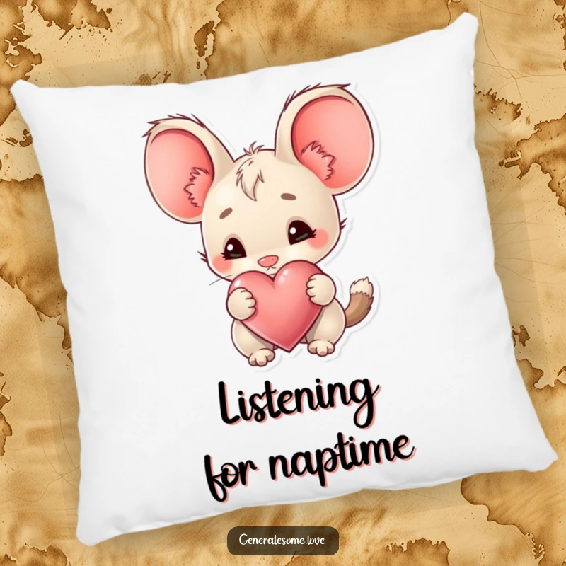 Funny Pillow featuring a creature with big ears curiously sniffing a heart, offering comfort and a symbol of gentle curiosity.