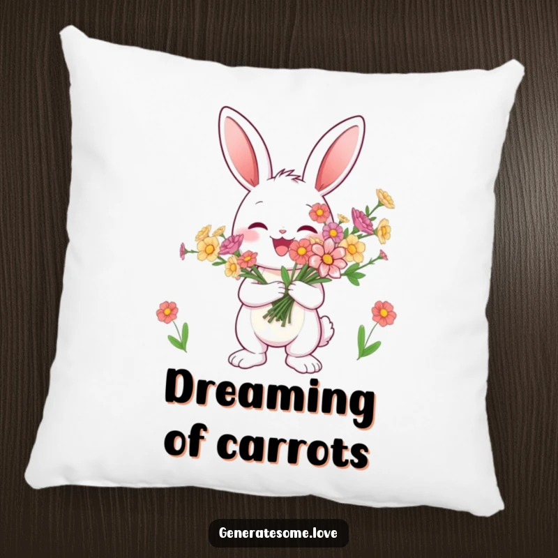 Funny bunny pillow smiling while holding flowers, perfect for cuddling and adding a cheerful touch, a lovely gift.