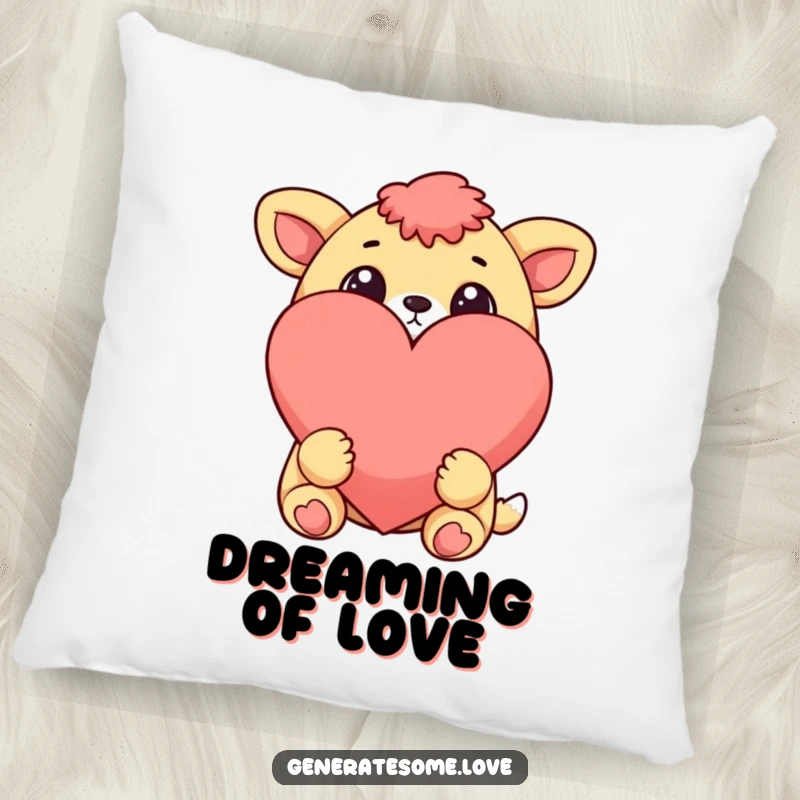 Funny cheerful animal character with wide eyes looking at a large heart on a decorative pillow, offering comfort and love.