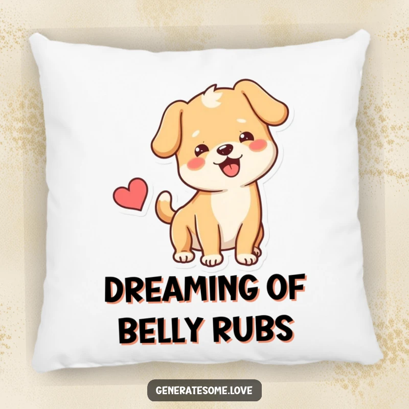 Funny Pillow featuring a happy dog character wagging its tail near a heart, providing comfort and cheerful doggy love.