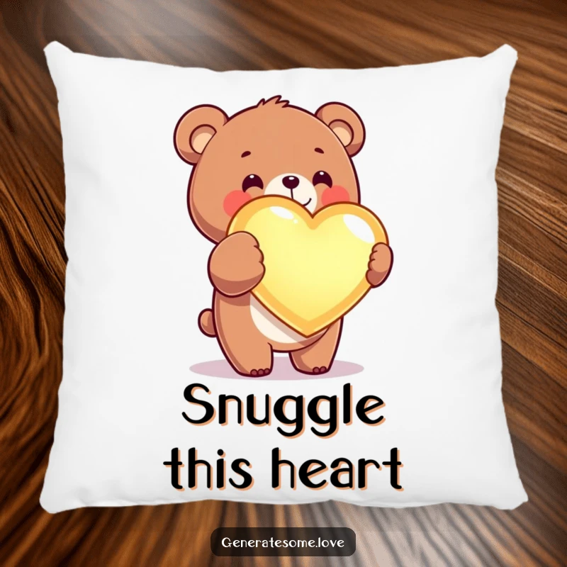 Funny kawaii bear pillow featuring a cute bear offering a glowing heart, perfect for cozy love.