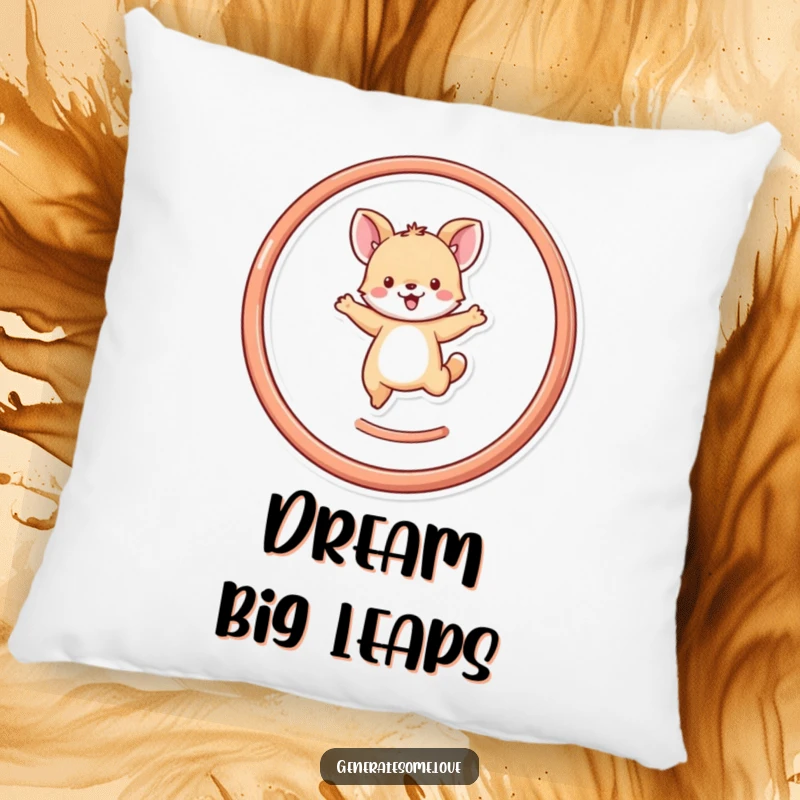 Funny tiny animal character leaping through a heart hoop on a soft pillow, bringing cozy comfort and joyful vibes.