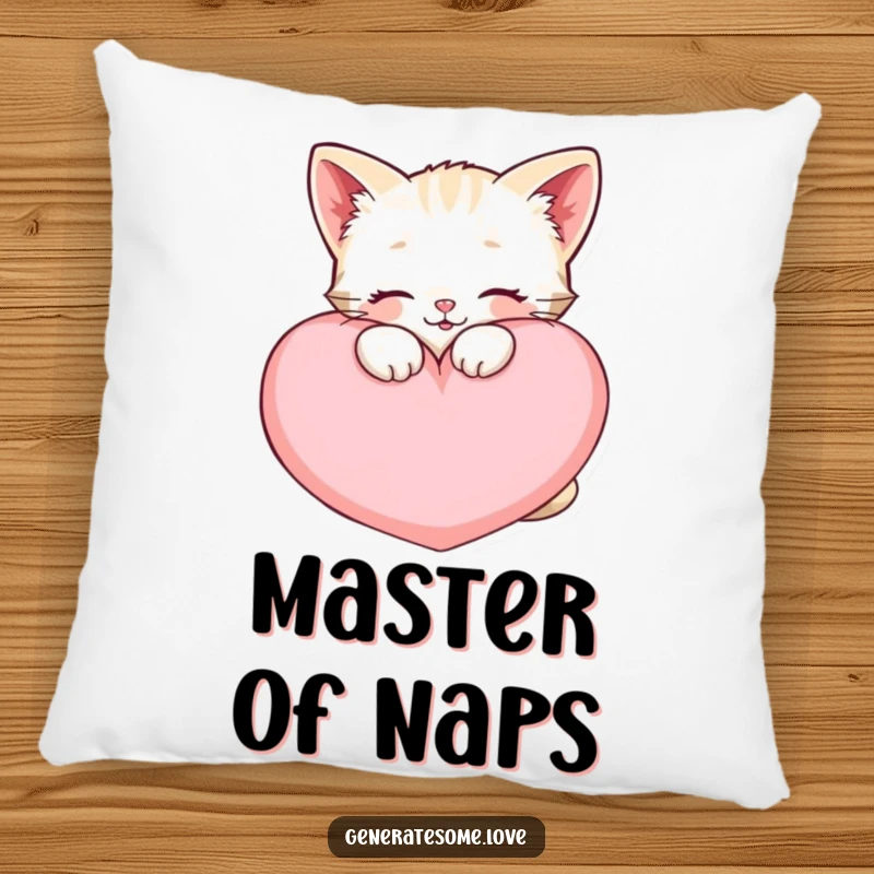 Funny happy kitten pillow, snuggling a large soft heart cushion, soft and comforting decorative cushion.