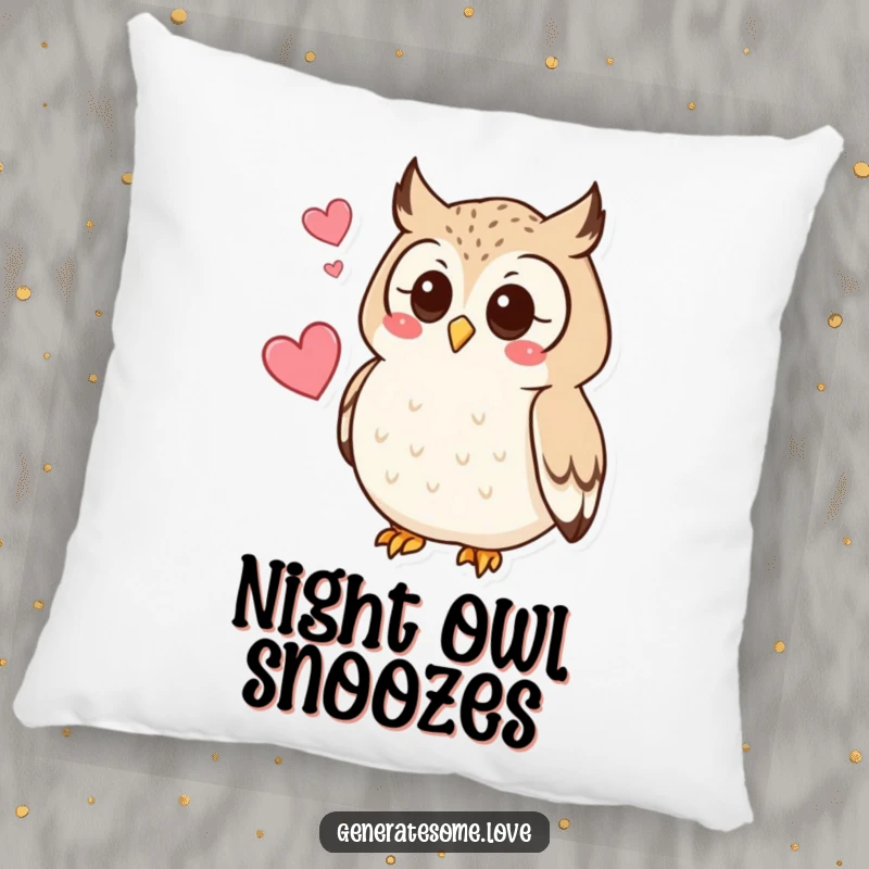 Funny plush pillow with a curious owl character hooting softly, a heart hovering nearby, adding whimsical charm.