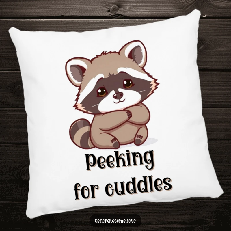 Funny curious raccoon peeking from behind a heart shape, offering comfort and humor on a plush pillow.