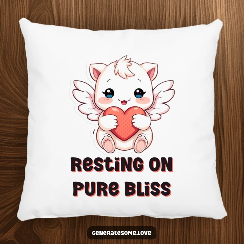 Funny Pillow featuring a creature with soft wings fluttering around a heart, offering comfort and a symbol of gentle love.