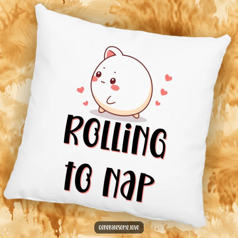 Funny pillow designed with a small, round animal character rolling along, leaving a gentle trail of hearts, offering soft and humorous comfort.