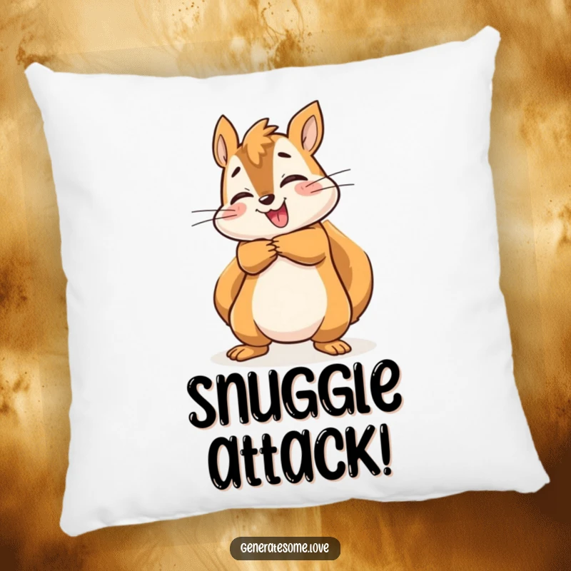 Funny energetic squirrel character offering a big, joyful hug on a soft and comforting pillow.