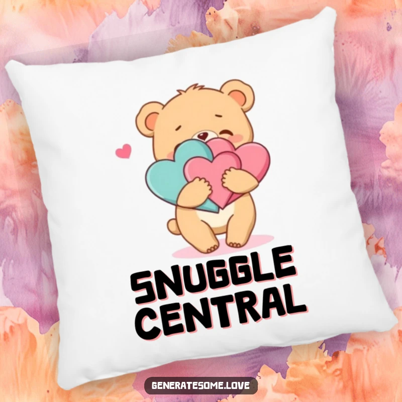 Funny throw pillow featuring a cute bear cub character enthusiastically hugging two intertwined hearts, offering comfort and love.