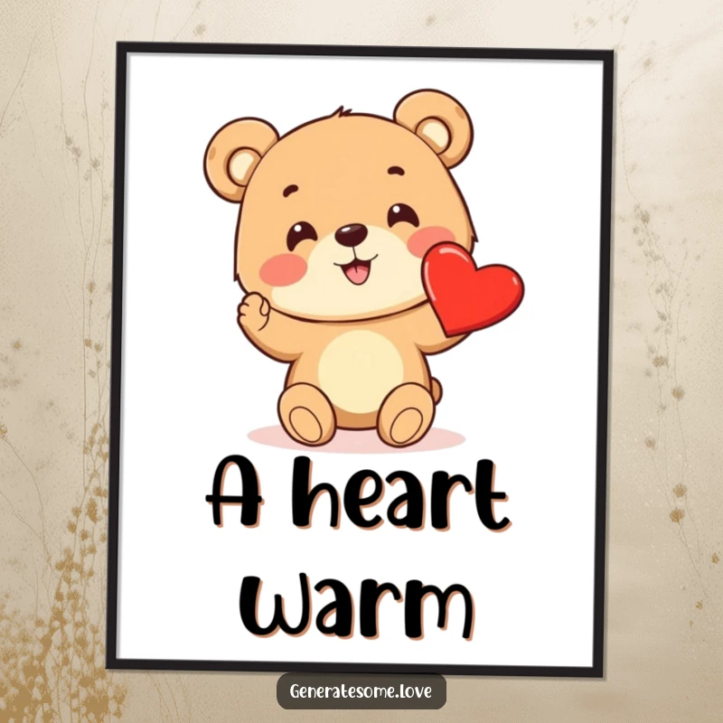 Funny digital art print of a cheerful bear cub excitedly offering a bright red heart, symbolizing love.