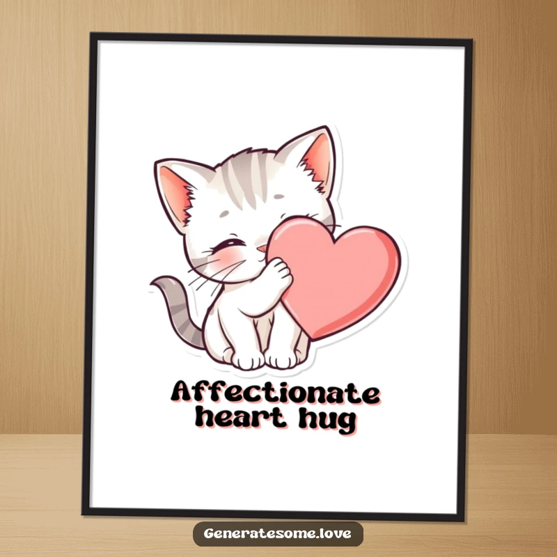 Funny kitten digital art print nuzzling a heart, perfect for instant download and cat-themed decor.