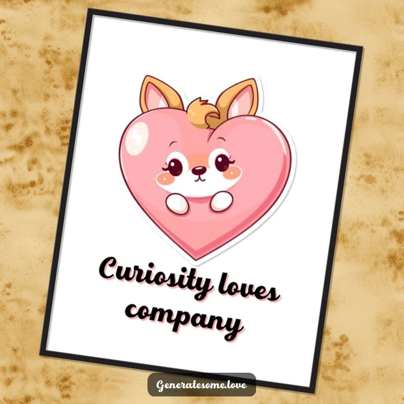 Funny digital art print of a curious animal character playfully peeking from behind a large heart, offering instant visual charm and playful mystery.