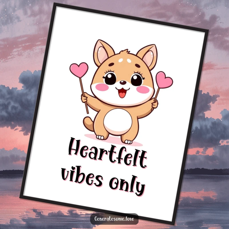Funny digital art print of a delighted animal character waving a small pink heart flag, perfect for instant joy and loving decor.