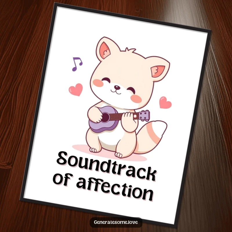 Funny digital art print of a charming animal musician character performing a tune with heart-shaped musical notes, bringing melody and humor instantly.