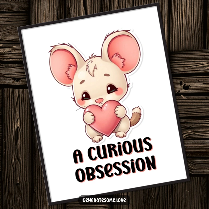 Funny Digital Art Print of a creature with large ears curiously sniffing a heart, symbolizing gentle curiosity, exploration, and affection.