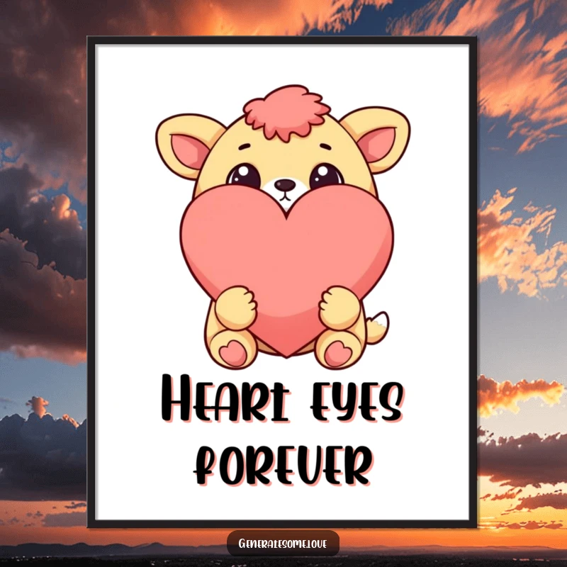 Funny cheerful animal character with wide eyes looking at a large heart, as a digital art print, embodying love and affection.