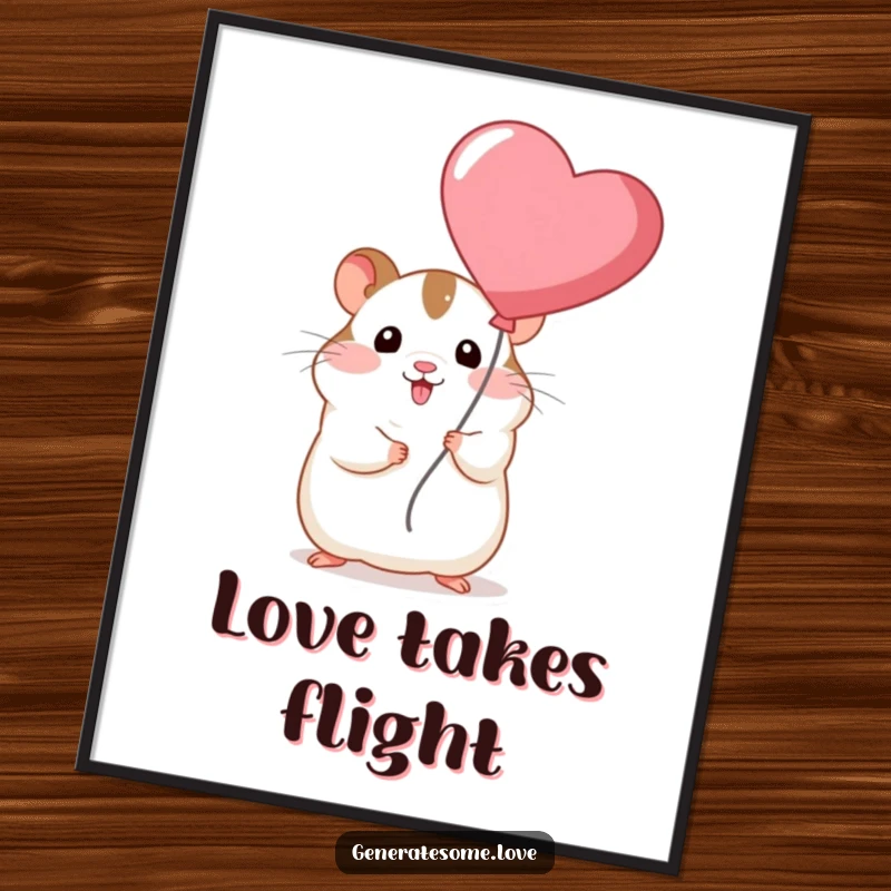Funny chubby hamster character holding a bright red heart balloon, captured in a high-resolution digital art print.