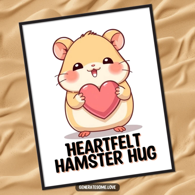 Funny digital art illustration of a giggling hamster character holding a heart with its tiny paws, radiating pure sweetness.