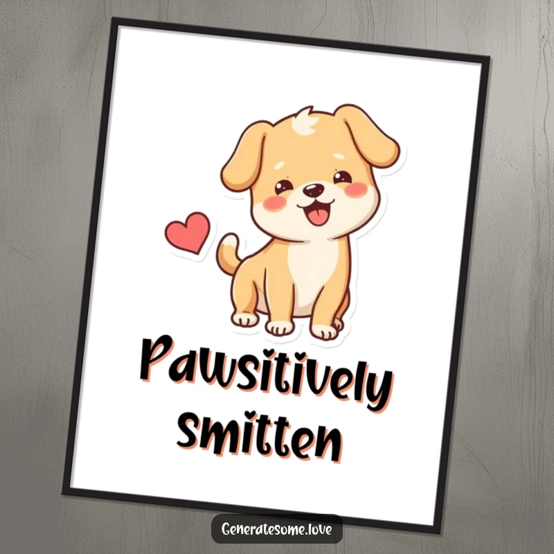 Funny Digital Art Print of a happy dog wagging its tail next to a heart, radiating pure joy and unconditional love.