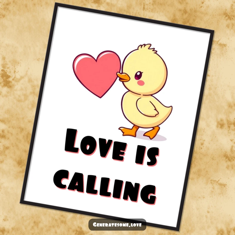 Funny digital art print of a kawaii duckling waddling towards a heart, perfect for printable decor and conveying sweet, affectionate pursuit.