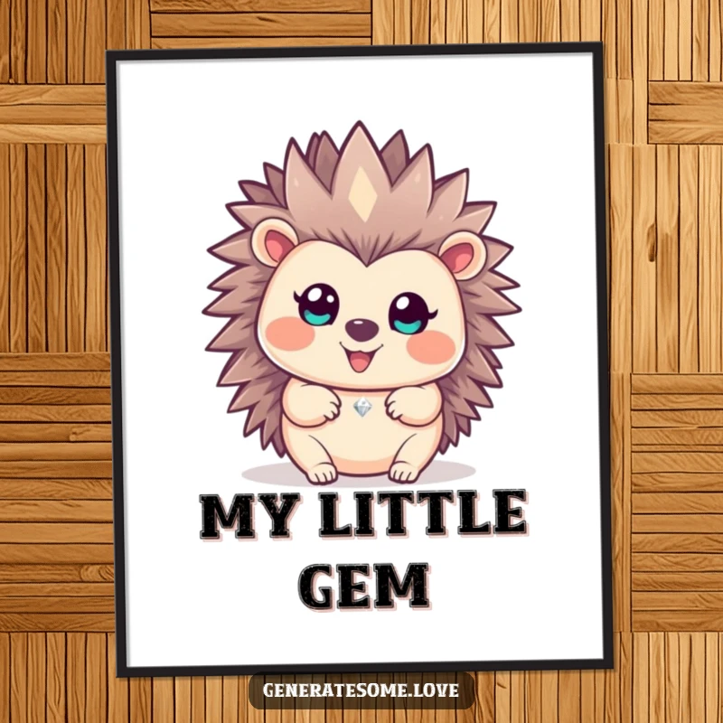 Funny happy hedgehog character offering a glittering gem, captured in a high-resolution digital art print.