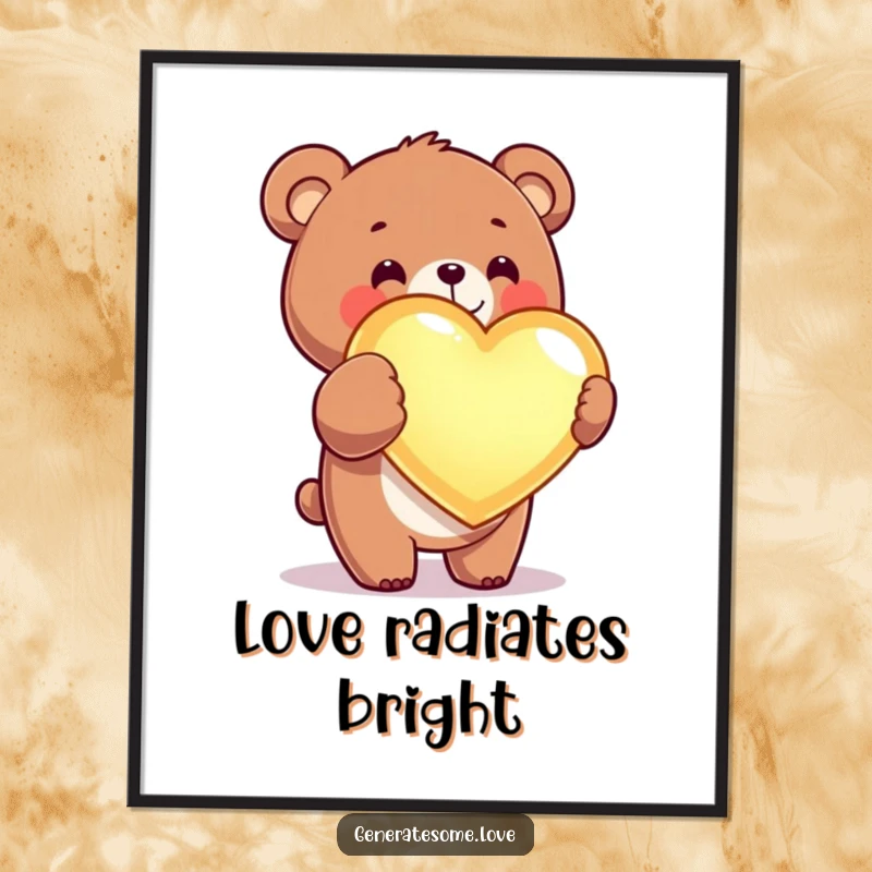 Funny kawaii bear digital art print of a cute bear joyfully presenting a large, glowing heart, symbolizing love.