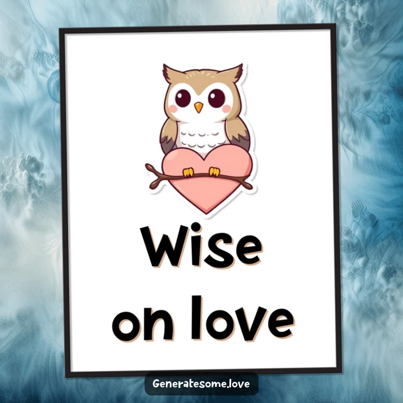 Funny digital art print of a small, happy owl perched on a heart shape, perfect for love-themed decor.