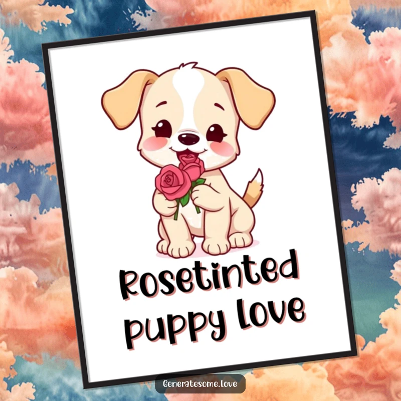 Funny puppy digital art print holding a rose, perfect for instant download and dog-themed decor.