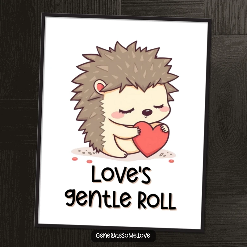 Funny sleepy hedgehog character digitally rendered, rolling a heart, perfect for instant cute decor.