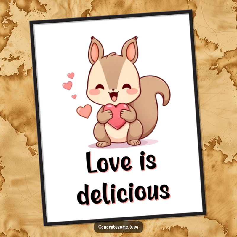Funny digital art print of a kawaii squirrel happily chattering while holding a heart-shaped treat, perfect for printable decor and conveying playful joy.