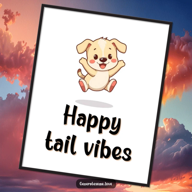 Funny digital art print of a playful puppy character bouncing happily, tail wagging with pure joy.