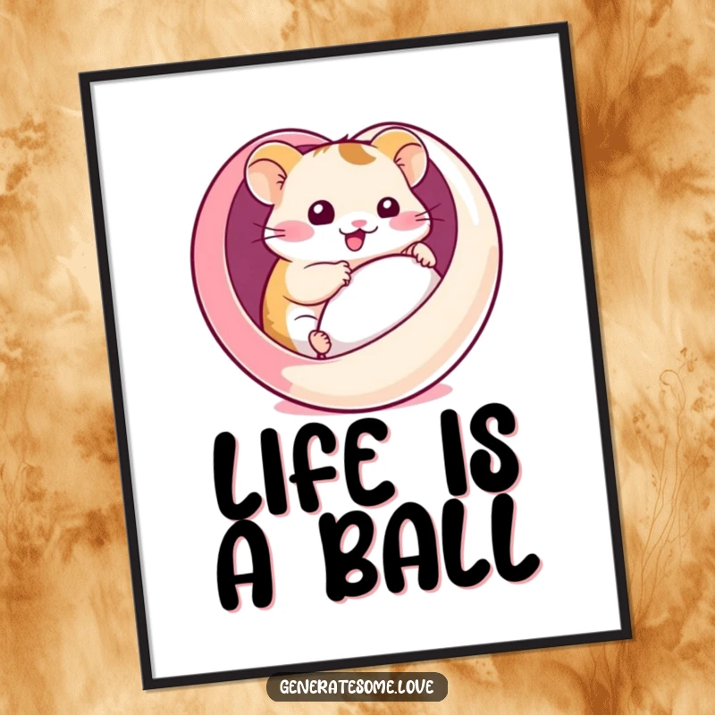 Funny digital art print of a kawaii hamster comically rolling inside a heart-shaped ball, perfect for printable decor and conveying playful humor.