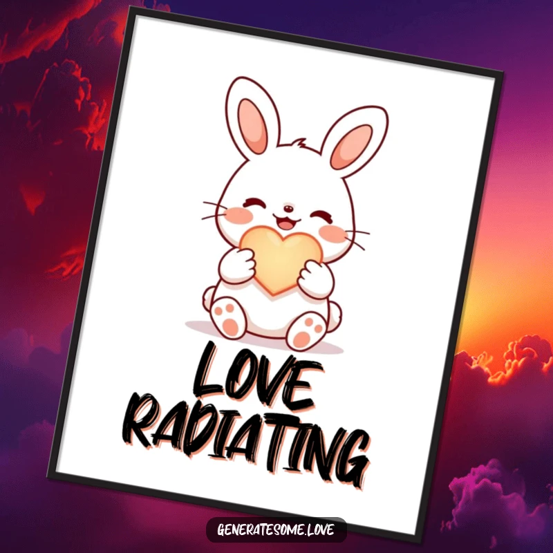 Funny joyful bunny digital art print, holding a glowing heart symbol, heartwarming and cute artwork.