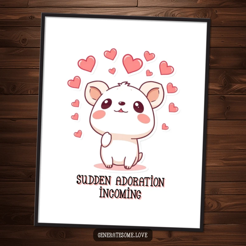 Funny digital art print of a surprised animal character looking up as a shower of hearts descends, offering instant visual humor and wonder.